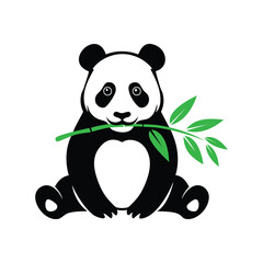 Panda bear eating bamboo branch on white background cartoon illustration