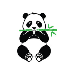 Cute panda bear eating bamboo branch on white background