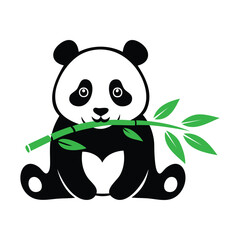 Cute panda bear eating bamboo branch on white background