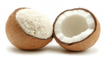 Freshly cut coconut halves showcasing creamy white flesh and fibrous shell against a clean background