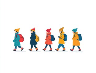 Fototapeta premium Children with Backpacks Walk to School in Winter, Wearing Warm Clothes and Hats, Joyfully Embracing the Cold Weather