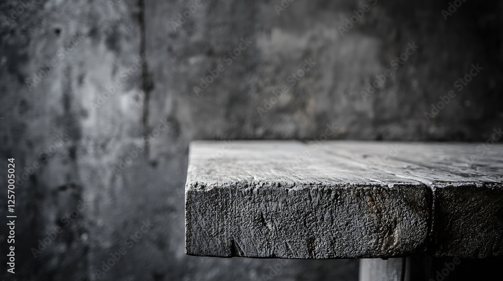 Aufkleber closeup of a rustic wooden table with natural grain textures set against a minimalist grey wall back