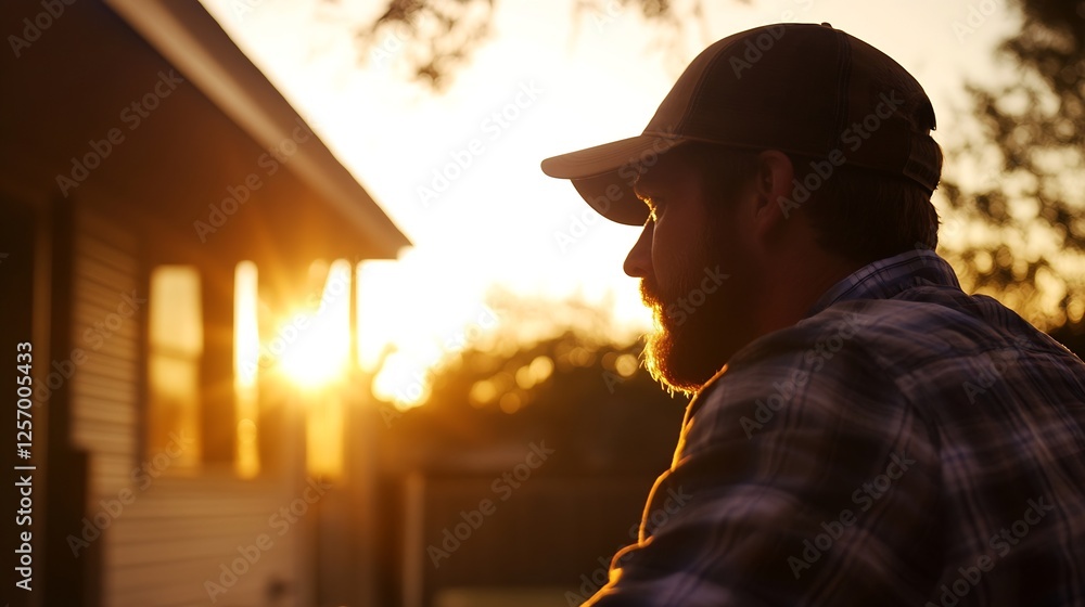 Aufkleber Profile of a thoughtful man enjoying a golden sunset while sitting outside in a relaxed setting : Generative AI