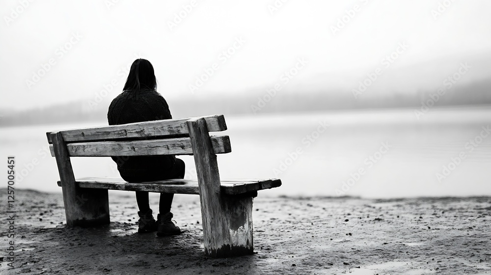 Poster contemplative figure sitting on a bench near a calm water body surrounded by a misty atmosphere : ge