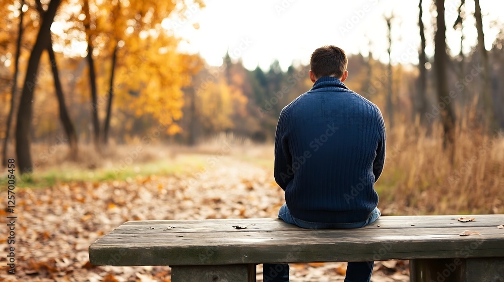 Poster Man sitting alone on a bench surrounded by autumn colors capturing a moment of contemplation : Generative AI
