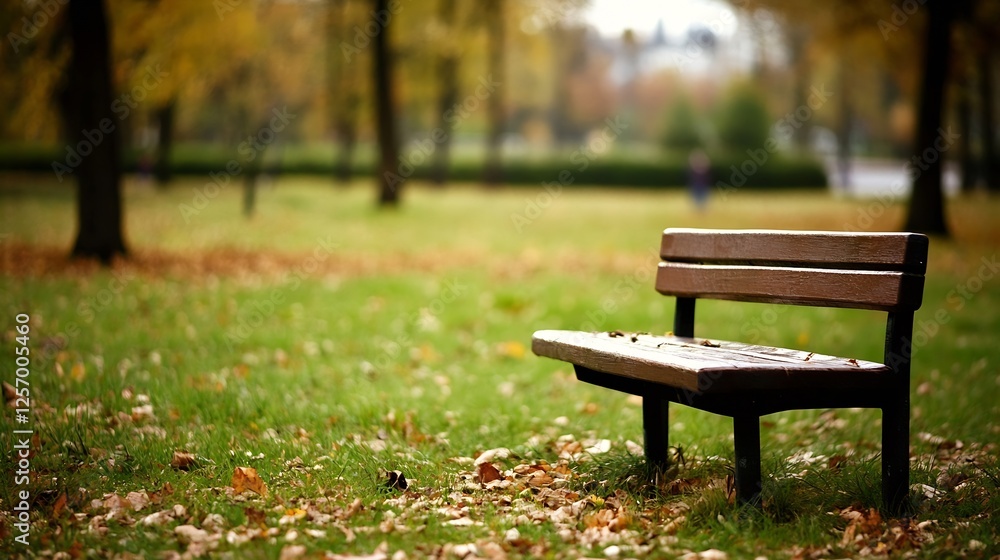 Poster abandoned wooden bench in the park surrounded by vibrant autumn foliage inviting rest : generative a