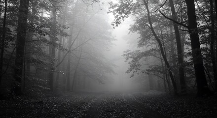 Obraz premium Mysterious Foggy Forest Path - Eerie Black and White Nature Photography