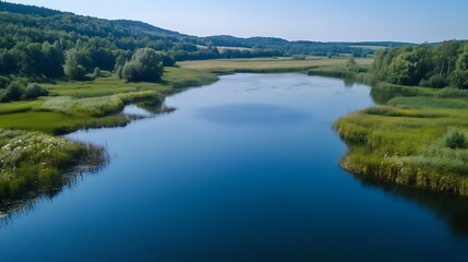 Obraz premium Serene river view surrounded by lush greenery under a clear blue sky in a tranquil landscape : Generative AI