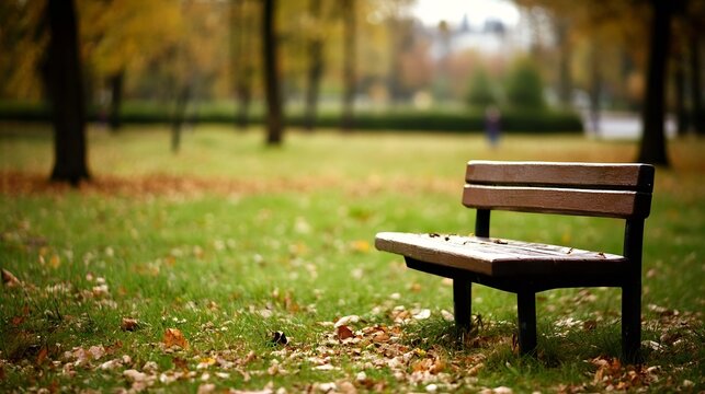 Abandoned wooden bench in the park surrounded by vibrant autumn foliage inviting rest : Generative AI