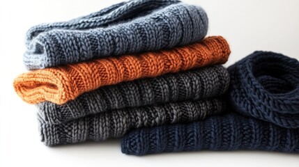 Stacked Knitted Sweaters and Scarf on White Background
