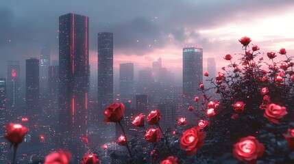 Red Roses and Cyberpunk Cityscape at Sunset