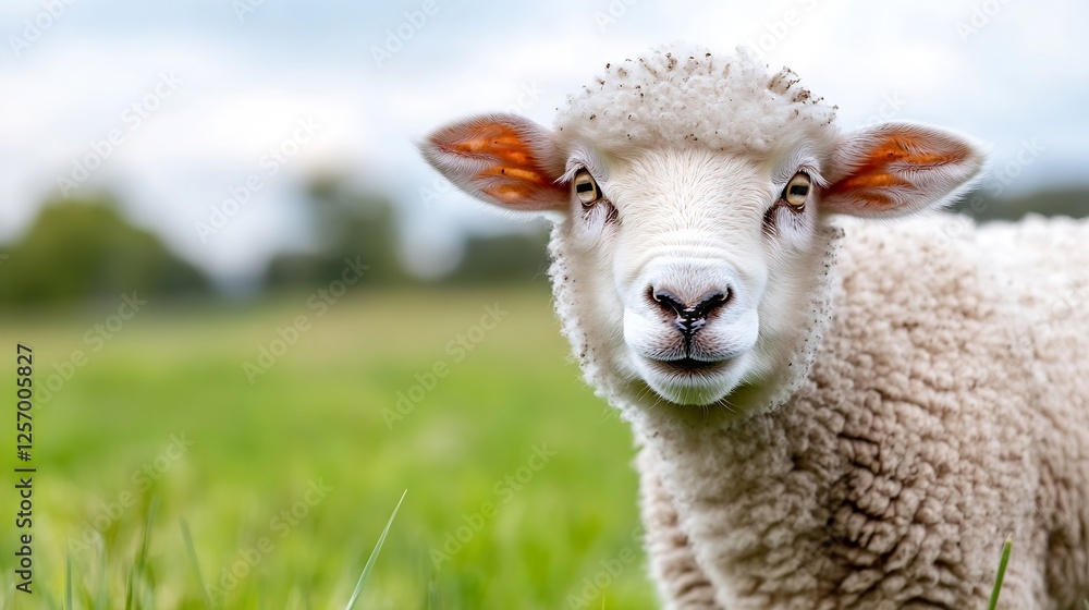 Poster Adorable sheep standing in a lush green field with soft fluffy wool and curious expression : Generative AI