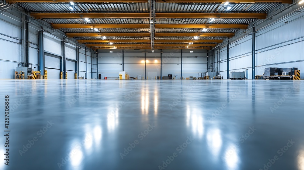 Aufkleber spacious and well lit empty warehouse interior with reflective floor and high ceiling : generative a