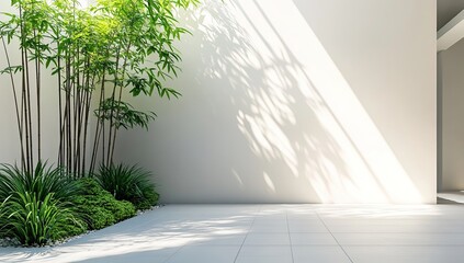 Serene Garden Design: Bamboo Plants and Minimalist White Walls with Sunlight Streaming Through