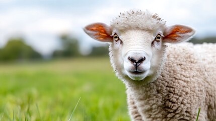 Obraz premium Adorable sheep standing in a lush green field with soft fluffy wool and curious expression : Generative AI