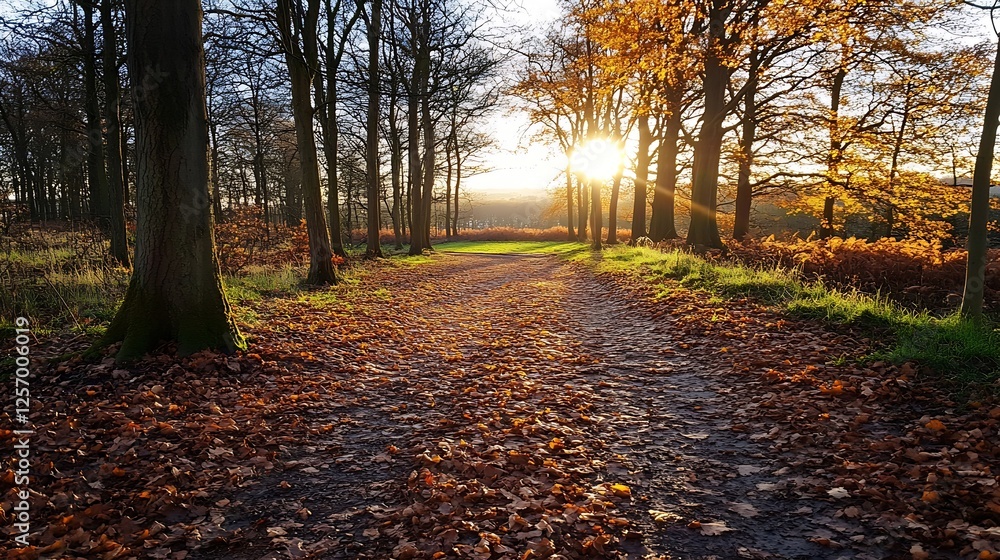 Poster beautiful autumn scene with a path covered in fallen leaves framed by tall trees and a glowing sunse