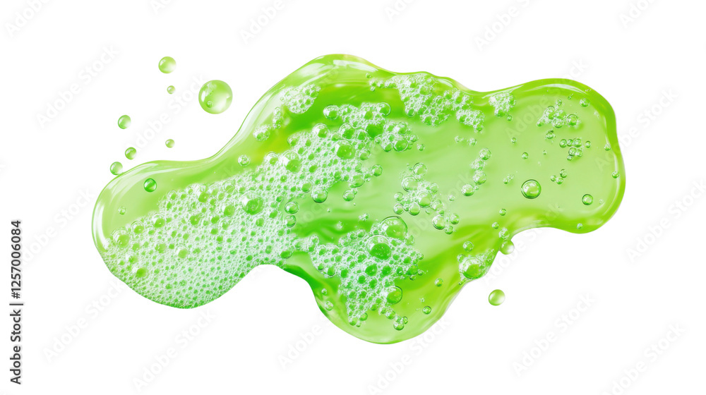 Poster green soap suds with bubbles creating abstract shape on transparent background