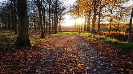 Beautiful autumn scene with a path covered in fallen leaves framed by tall trees and a glowing sunset : Generative AI
