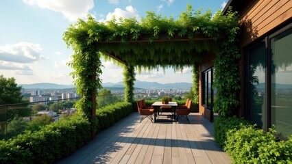 Obraz premium Urban rooftop garden with wooden pergola covered in green vines and city view 