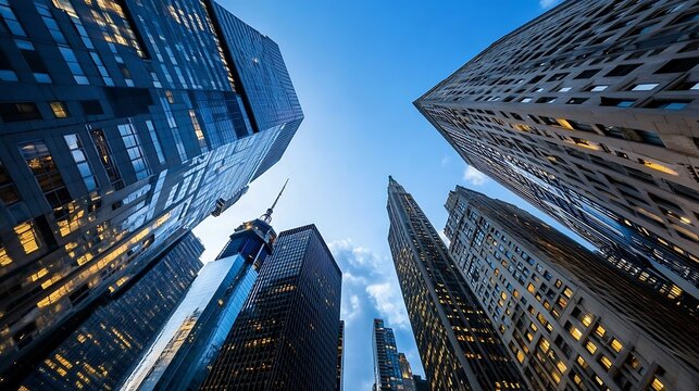 Dramatic view of modern skyscrapers against a vivid blue sky capturing urban architecture and city life : Generative AI - Powered by Adobe