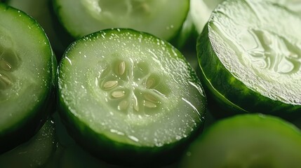 Freshly sliced cucumber rounds glistening with moisture, showcasing seeds and texture