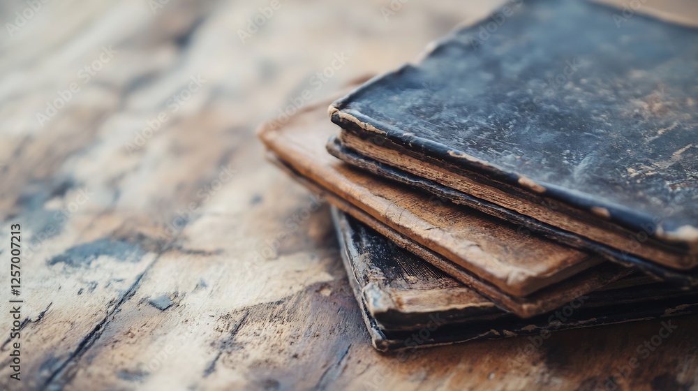 Aufkleber Stack of vintage leather notebooks resting on a weathered wooden table with rustic charm : Generative AI