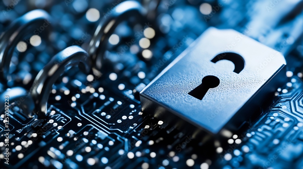 Fototapete High quality close up of a padlock on a circuit board symbolizing data security and technology : Generative AI