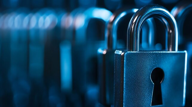 Close up of multiple padlocks on metal chains representing security and data privacy : Generative AI