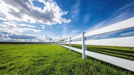Fototapeta premium A picturesque landscape with vibrant green grass meeting a white fence under a flawless blue sky. Crisp and detailed.