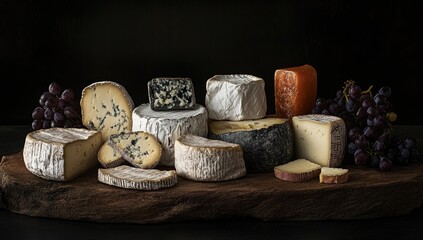 A Still Life Celebration of Diverse Cheeses, a Culinary Arrangement on a Rustic Wooden Board