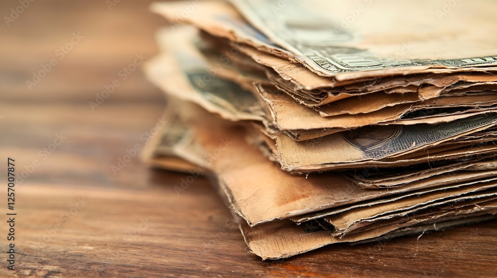 Aufkleber stack of old bills on a wooden surface capturing the texture of currency and craftsmanship : generat