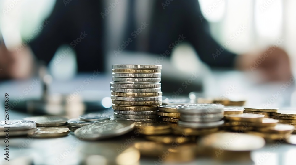 Aufkleber CloseUp of Stacked Coins on a Desk with a Blurred Businessman in the Background Indicating Wealth : Generative AI