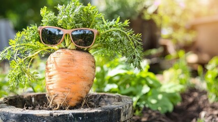 A quirky carrot wearing sunglasses stands proudly in a vibrant garden with greenery