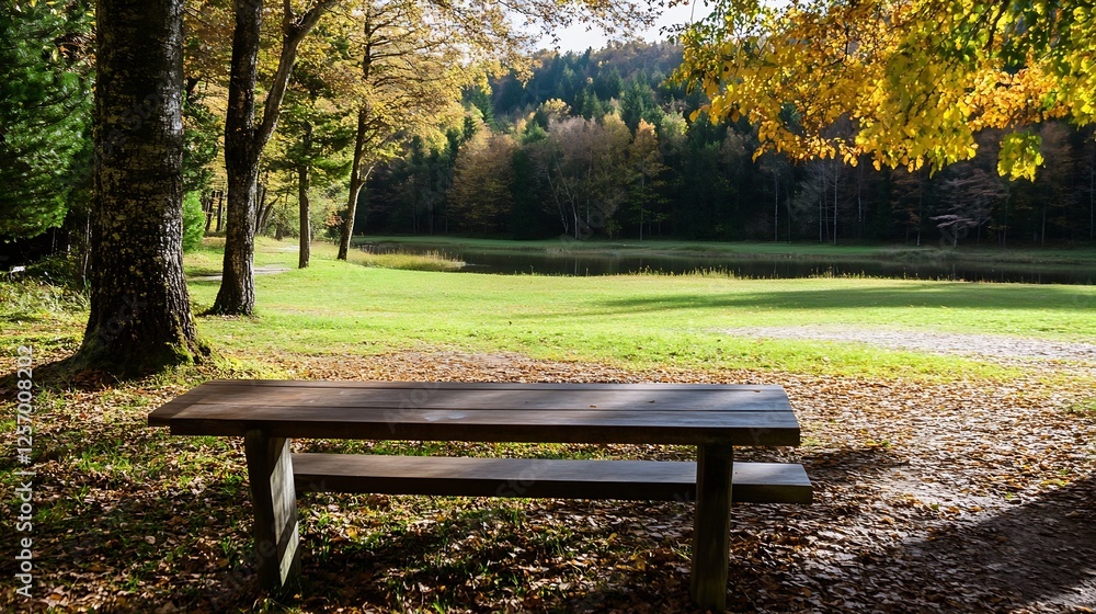 Poster picturesque autumn scenery with a rustic wooden bench overlooking a serene lake surrounded by trees 