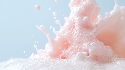 Obraz premium Pink Soap Bubbles Splashing, Abstract, Light Blue Background, Close-up, Beauty Product, High Quality Image
