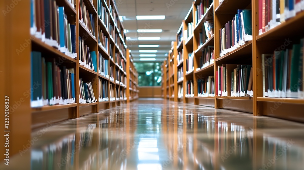 Aufkleber Wide perspective of a serene library corridor lined with bookshelves and a polished floor : Generative AI