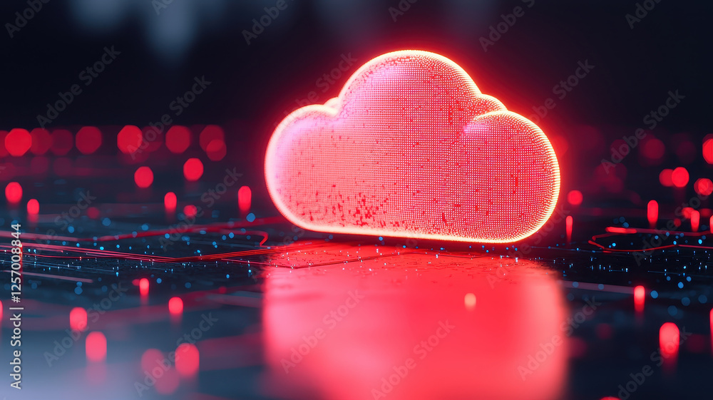 Aufkleber vibrant red cloud symbol representing digital storage technology, glowing against dark background wi