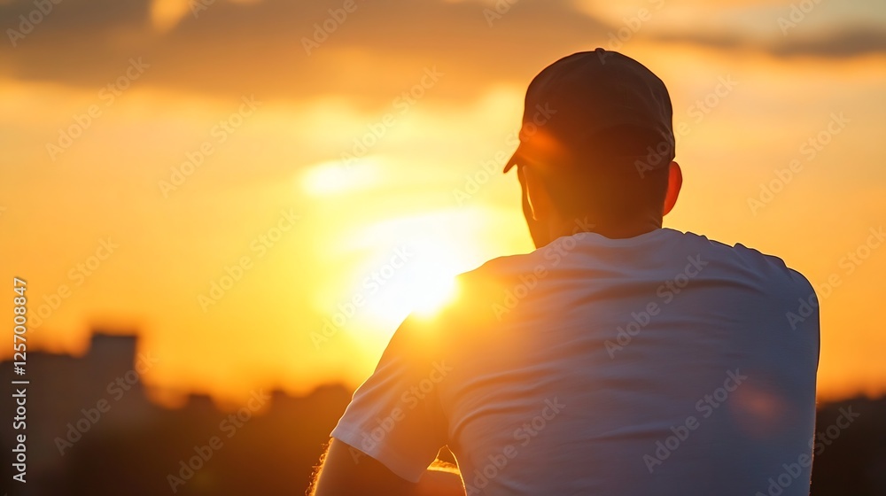 Poster man enjoying a beautiful sunset while relaxing and reflecting at the end of the day : generative ai