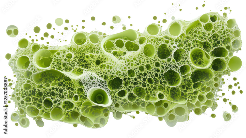 Poster green foam with bubbles creating an abstract pattern on transparent background