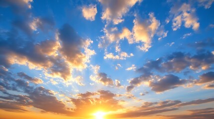 Obraz premium Stunning Blue Sky with Wispy White Clouds and Golden Sun at Dawn : Generative AI