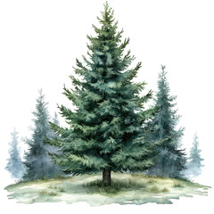 Christmas fir tree in watercolor isolated on transparent background