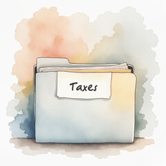Folder labeled taxes with papers inside on soft watercolor background