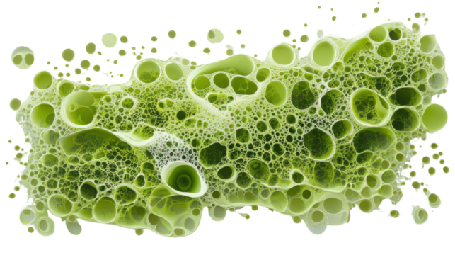 Green foam with bubbles creating an abstract pattern on transparent background
