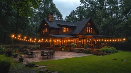 Fototapeta premium Twilight Cabin Patio Lights Forest Retreat