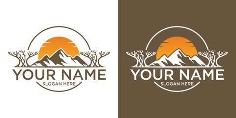 mountain vector logo , badge display , Three mountain peaks with one highest peak. Sunrise.
