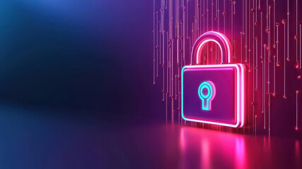 vibrant neon lock symbol representing cybersecurity and digital protection. colorful backdrop enhances theme of security in digital age