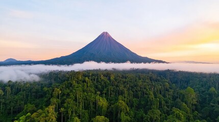 Fototapeta premium Majestic volcano surrounded by lush green rainforest at sunrise with mist in the valley