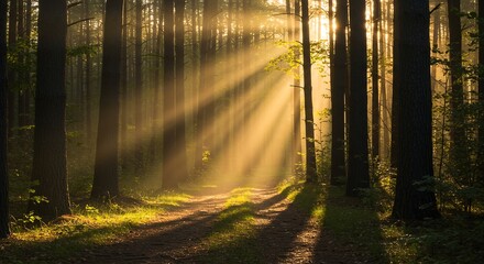 Sunbeams in a Misty Forest Path - Magical Sunrise Nature Photography