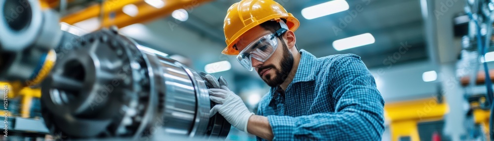 Poster man in hard hat and safety glasses operating machinery in an industrial workshop setting