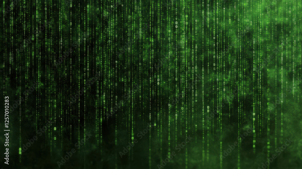 Poster abstract representation of encrypted data streams in green tones, evoking sense of digital mystery a